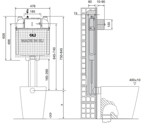 Oli Oli74 Plus Direct Pneumatic Concealed Cistern RT technical drawing - Image 3