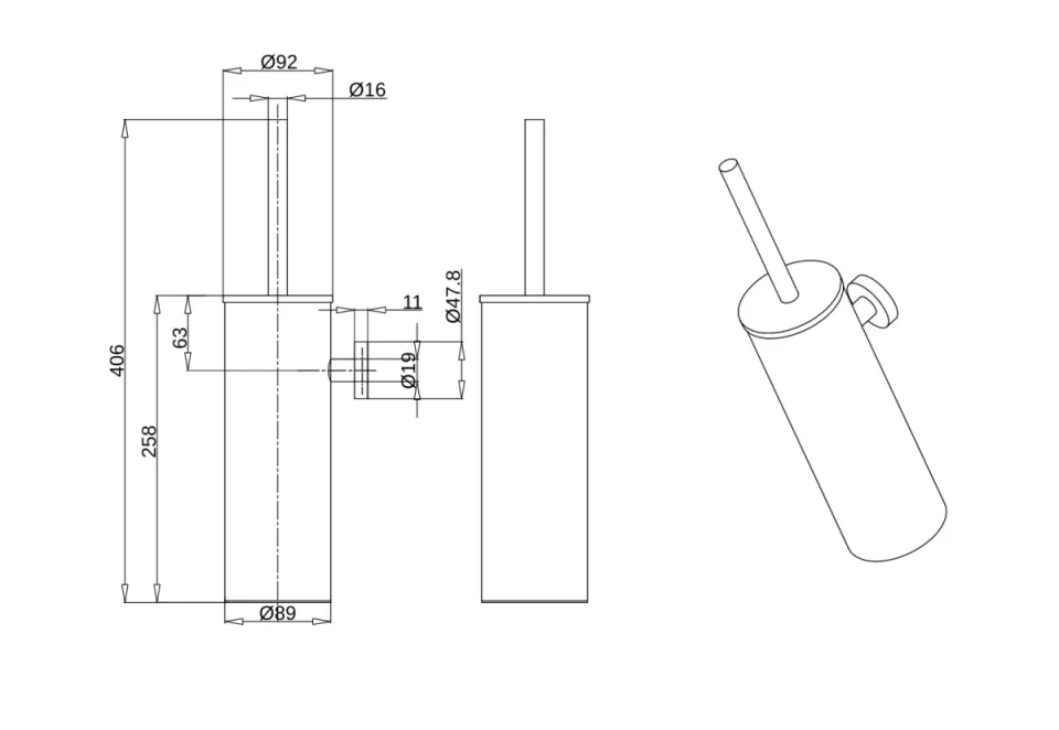 Ava Round Toilet Brush Holder - Brushed Brass technical drawing - Image 2