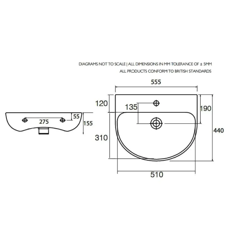 Roper Rhodes 550mm Orbit Thin Edge Basin 1 Tap Hole - White detail view - Image 3