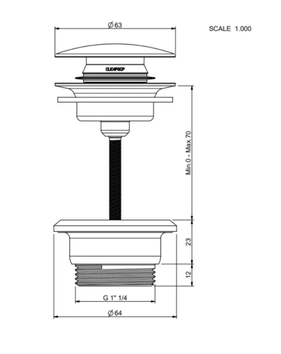 Ava Universal Click Basin Waste & Freeflow Adaptor - Brushed Stainless Steel technical drawing - Image 2