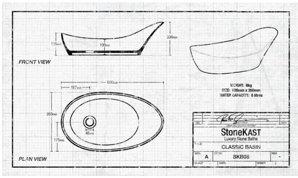 StoneKAST Classic Sit On Basin Matt White 600x350mm technical drawing - Image 3