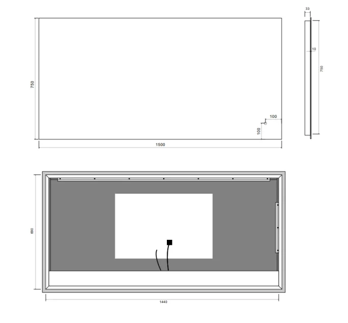 Faeber Glow 1500 Steam Free LED Illuminated Mirror technical drawing - Image 2