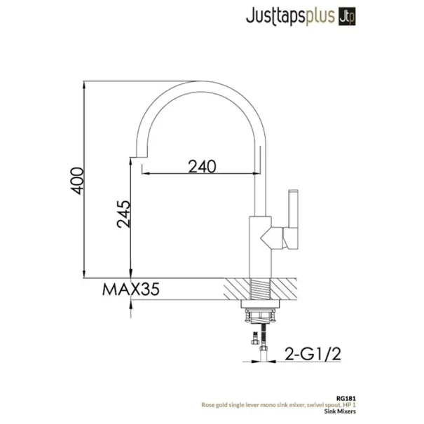 Just Taps Rose Gold Single Lever Sink Mixer detail view - Image 6