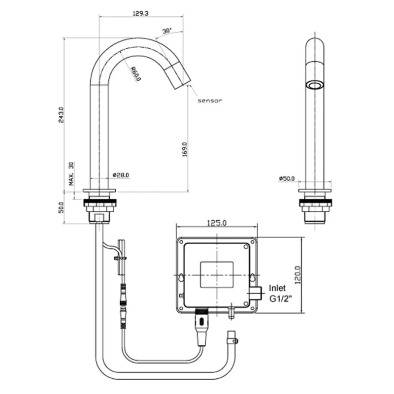 Just Taps React Sensor Deck Spout Mains And Battery Operated Brushed Brass detail view - Image 6