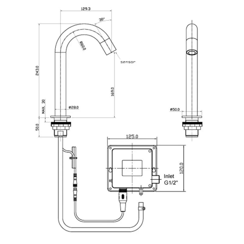 Just Taps React Sensor Deck Spout Mains And Battery Operated Inox detail view - Image 4