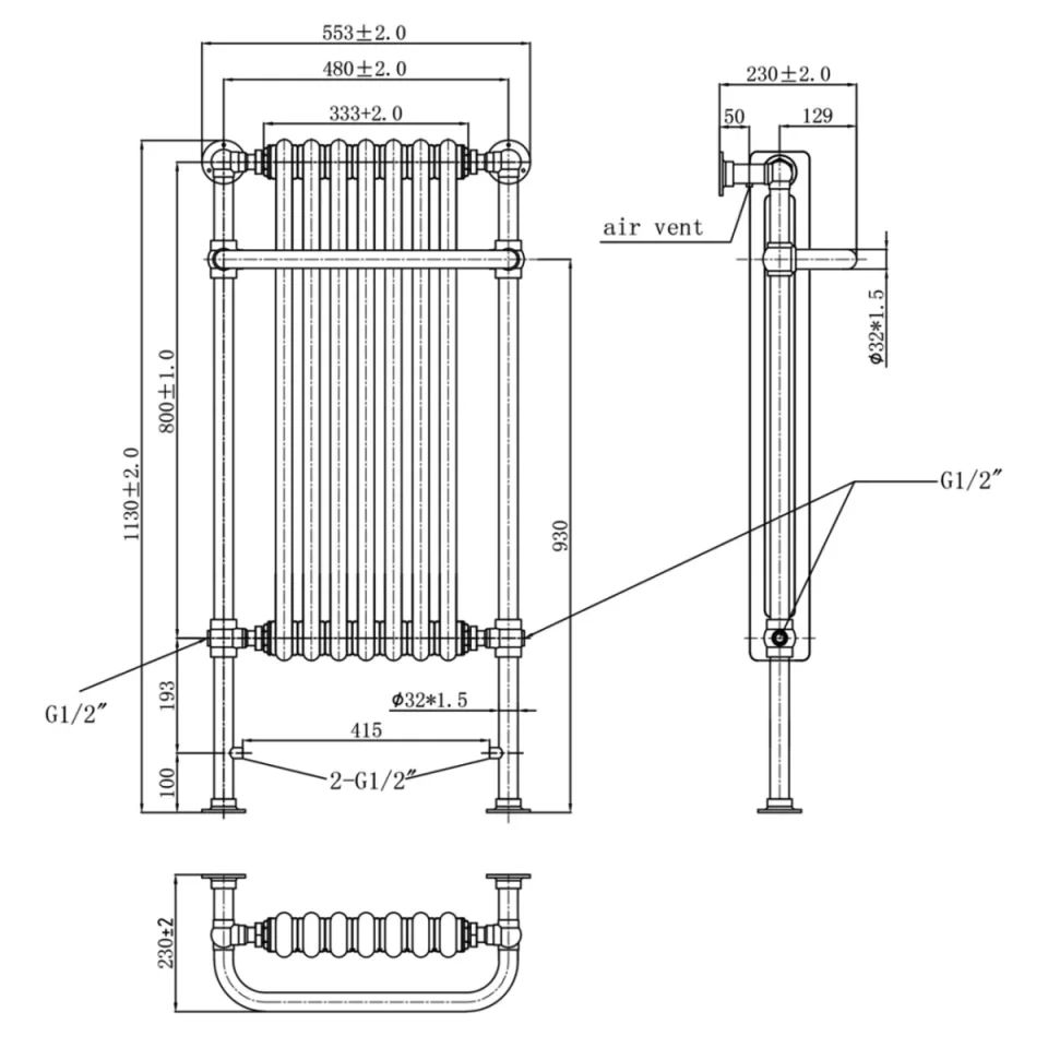 Just Taps Grosvenor Radiator 1130 X 553 X2 30 Chrome & White detail view - Image 4