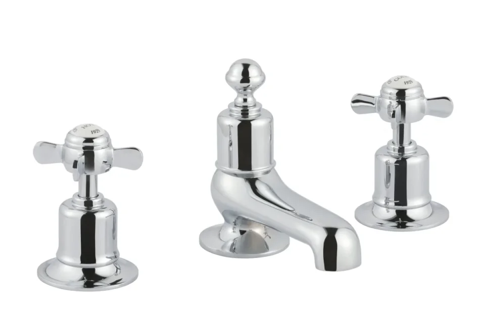 Just Taps Grosvenor Pinch Three Hole Deck Mounted Basin Mixer Chrome detail view - Image 1