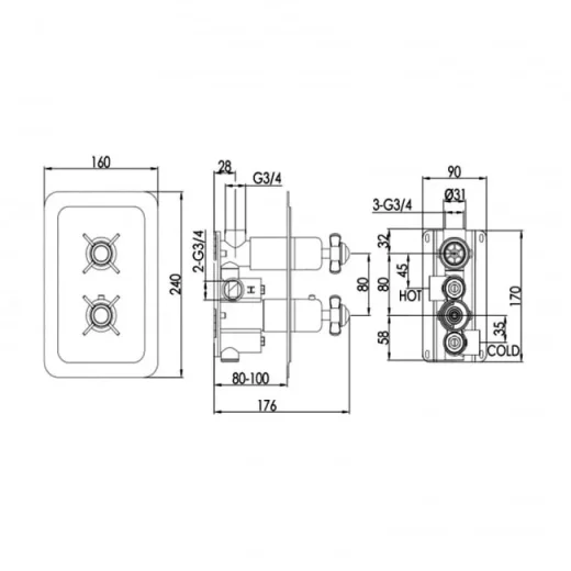 Just Taps Grosvenor Pinch- Concealed Thermostatic 1 Outlet Valve Vertical Chrome detail view - Image 4