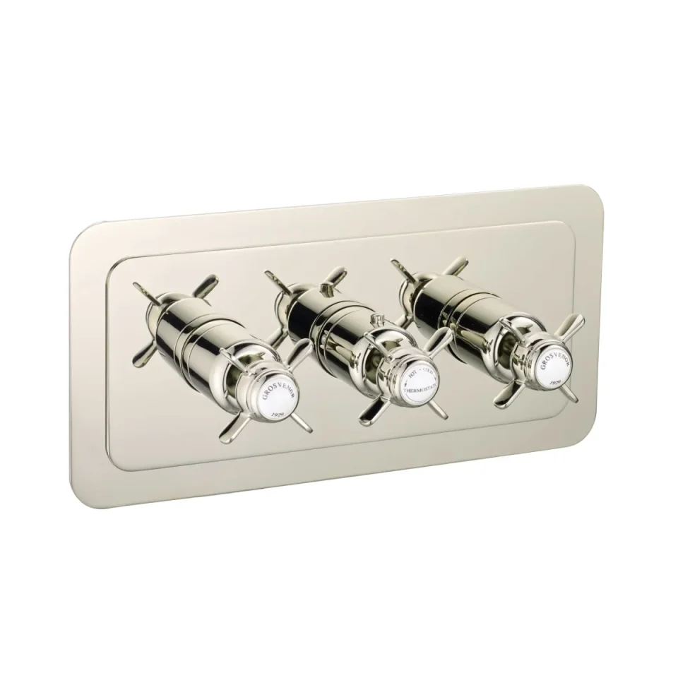 Just Taps Grosvenor Pinch Thermo Concealed 2 Outlet Shower Valve-Horz Nickel detail view - Image 1