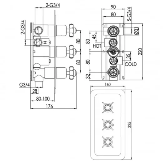 Just Taps Grosvenor Pinch Thermo Concealed 3 Outlet Shower Valve Horizontal Nickel detail view - Image 4