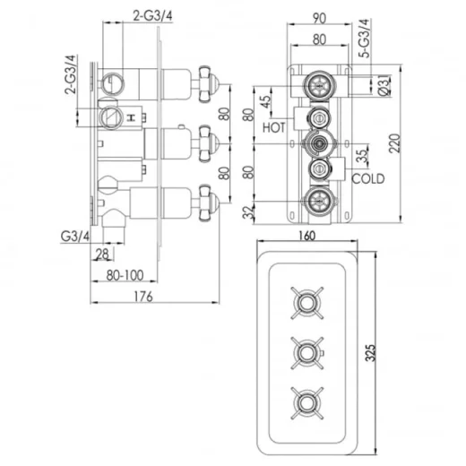 Just Taps Grosvenor Pinch Thermo Concealed 3 Outlet Shower Valve- Vertical Nickel detail view - Image 4