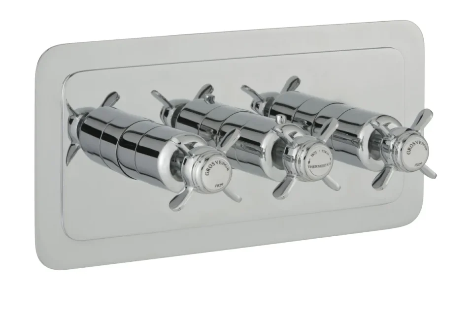 Just Taps Grosvenor Pinch Thermostatic 3 Outlet Valve Horizontal Chrome detail view - Image 1