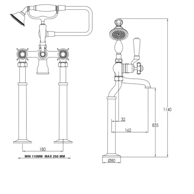 Just Taps Grosvenor Pinch Freestanding Bath Shower Mixer With Kit Nickel detail view - Image 4