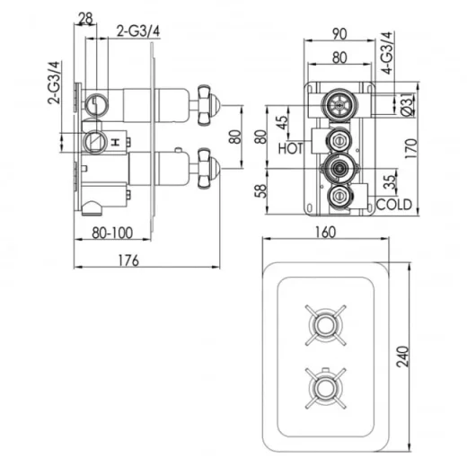 Just Taps Grosvenor Pinch Concealed Thermostatic 2 Outlet Valve Vertical Chrome detail view - Image 4