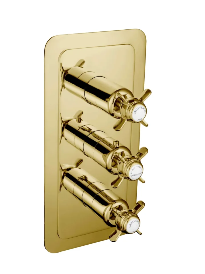 Just Taps Grosvenor Pinch Concealed Thermostatic 3 Outlet Valve Vertical Light Gold detail view - Image 1