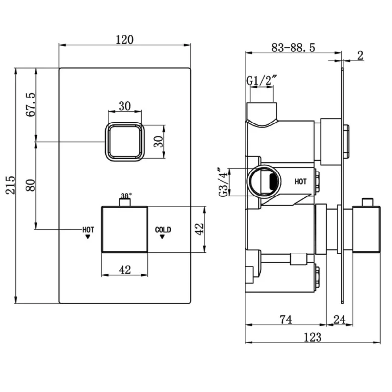 Just Taps Hix Thermostatic Shower Valve Single Option Chrome detail view - Image 2