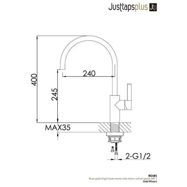 Just Taps Rose Gold Single Lever Sink Mixer detail view - Image 4