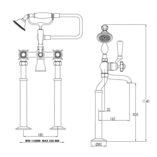 Just Taps Grosvenor Pinch Freestanding Bath Shower Mixer With Kit Matt Black product image - Image 2
