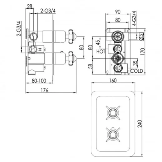Just Taps Grosvenor Pinch Concealed Thermostatic 2 Outlet Valve Vertical Chrome detail view - Image 2
