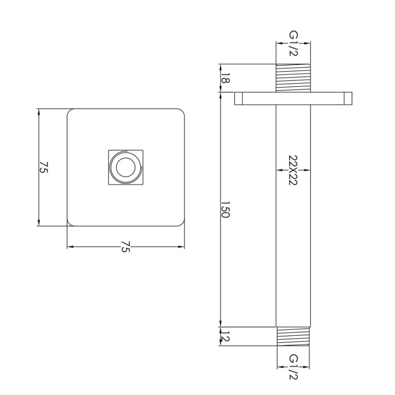 Just Taps Hix Ceiling Shower Arm 150mm Matt Black detail view - Image 3