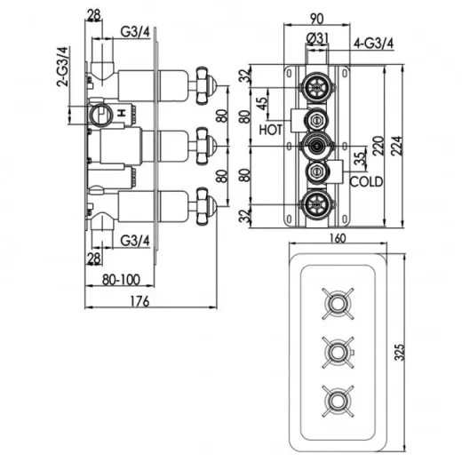 Just Taps Grosvenor Pinch -Therm 2 Outlet Valve Horizontal Matt Black detail view - Image 4