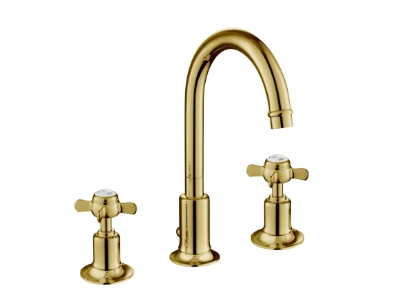 Just Taps Grosvenor Pinch 3 Hole Deck Mounted Basin Mixer Swivel Spout Light Gold