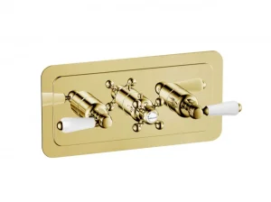 Just Taps Grosvenor Lever Thermostatic 2 Outlet Valve Horizontal Light Gold
