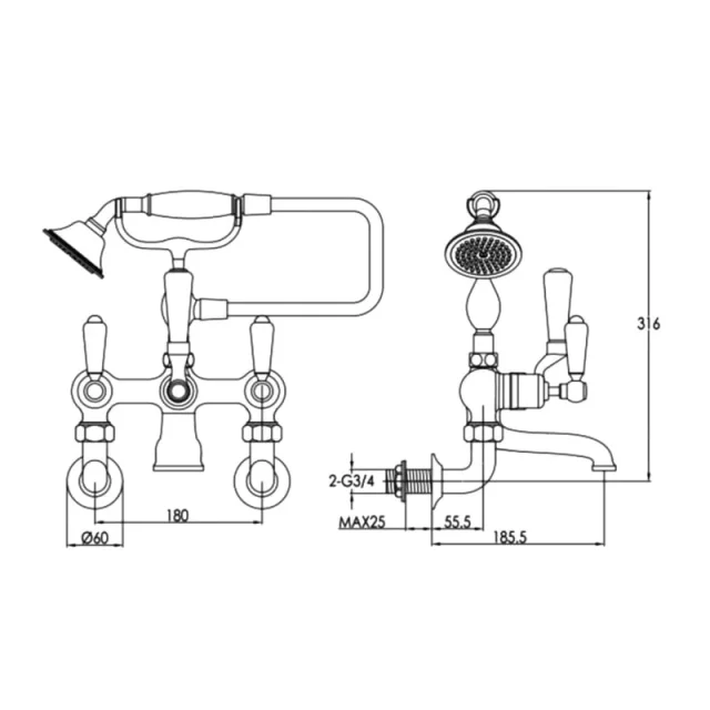 Just Taps Grosvenor Lever Wall Mounted Bath Shower Mixer With Kit Chrome detail view - Image 4