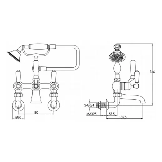 Just Taps Grosvenor Lever Wall Mounted Mounted Bath Shower Mixer With Kit Nickel detail view - Image 4