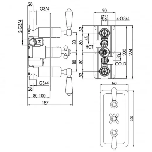 Just Taps Grosvenor Lever Thermo Concealed 2 Outlet Shower Valve Vertical  Nickel detail view - Image 4