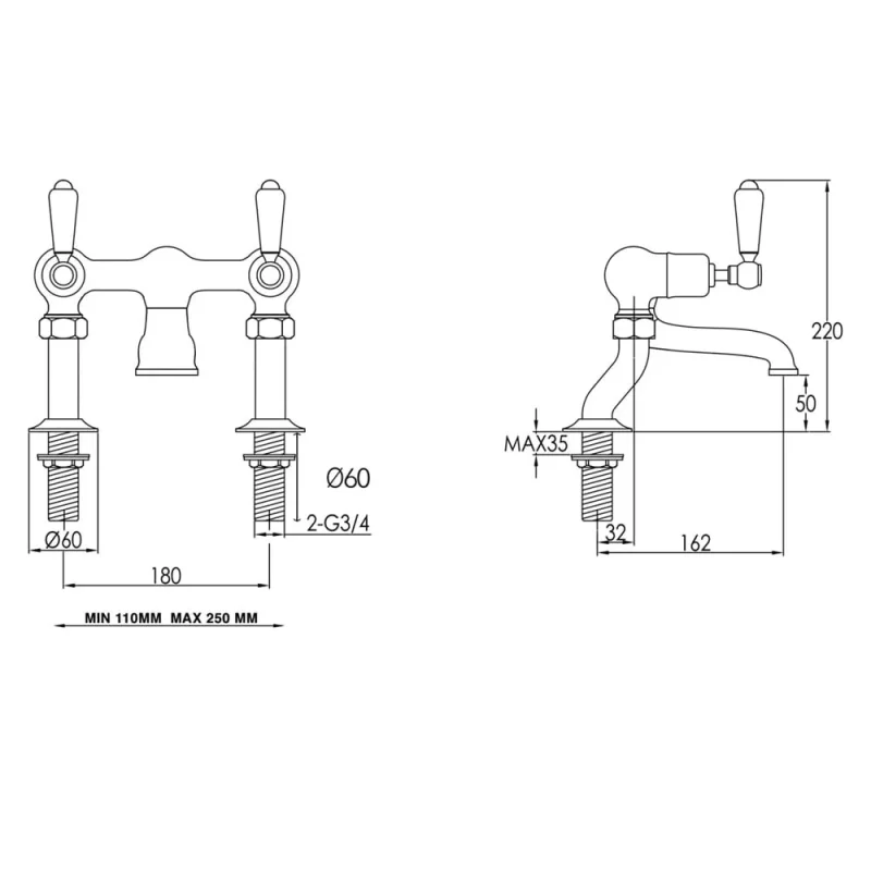 Just Taps Grosvenor Lever Deck Mounted Bath Filler Chrome detail view - Image 4