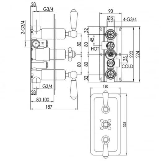 Just Taps Grosvenor Lever -Therm 2 Outlet Valve Horizontal Matt Black detail view - Image 4