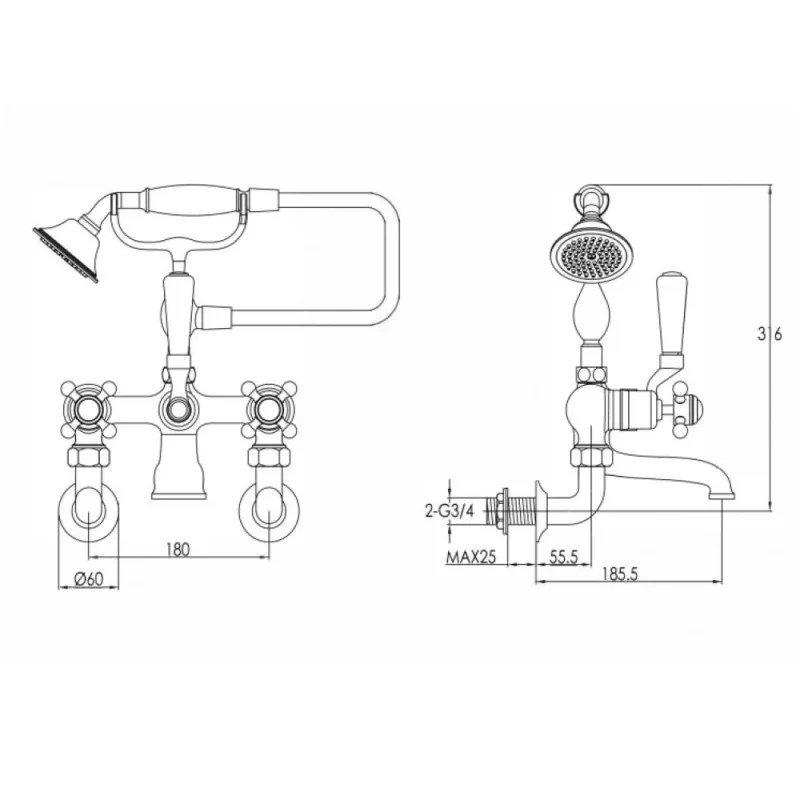 Just Taps Grosvenor Cross Wall Mounted Bath Shower Mixer With Kit Light Gold detail view - Image 4
