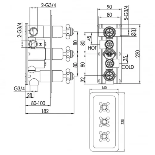 Just Taps Grosvenor Cross Thermo Concealed 2 Outlet Shower Valve Horz detail view - Image 4