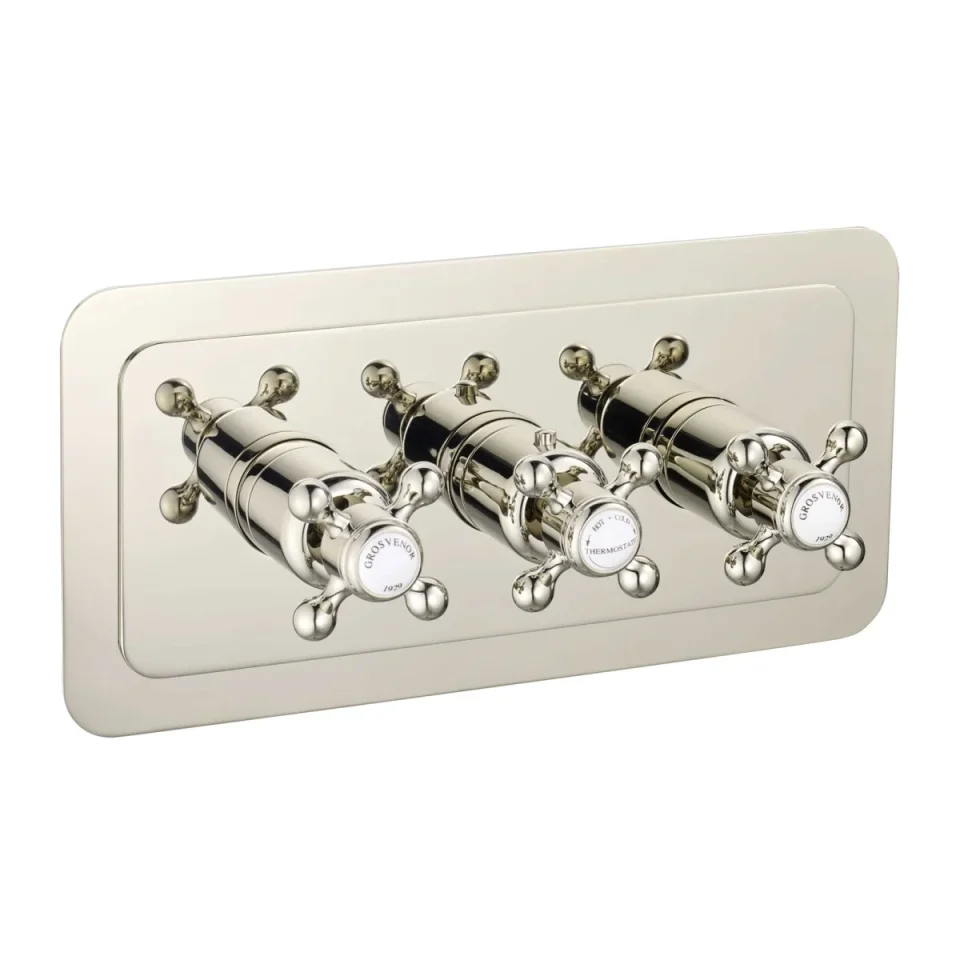 Just Taps Grosvenor Cross Thermo Concealed 2 Outlet Shower Valve Horz detail view - Image 1
