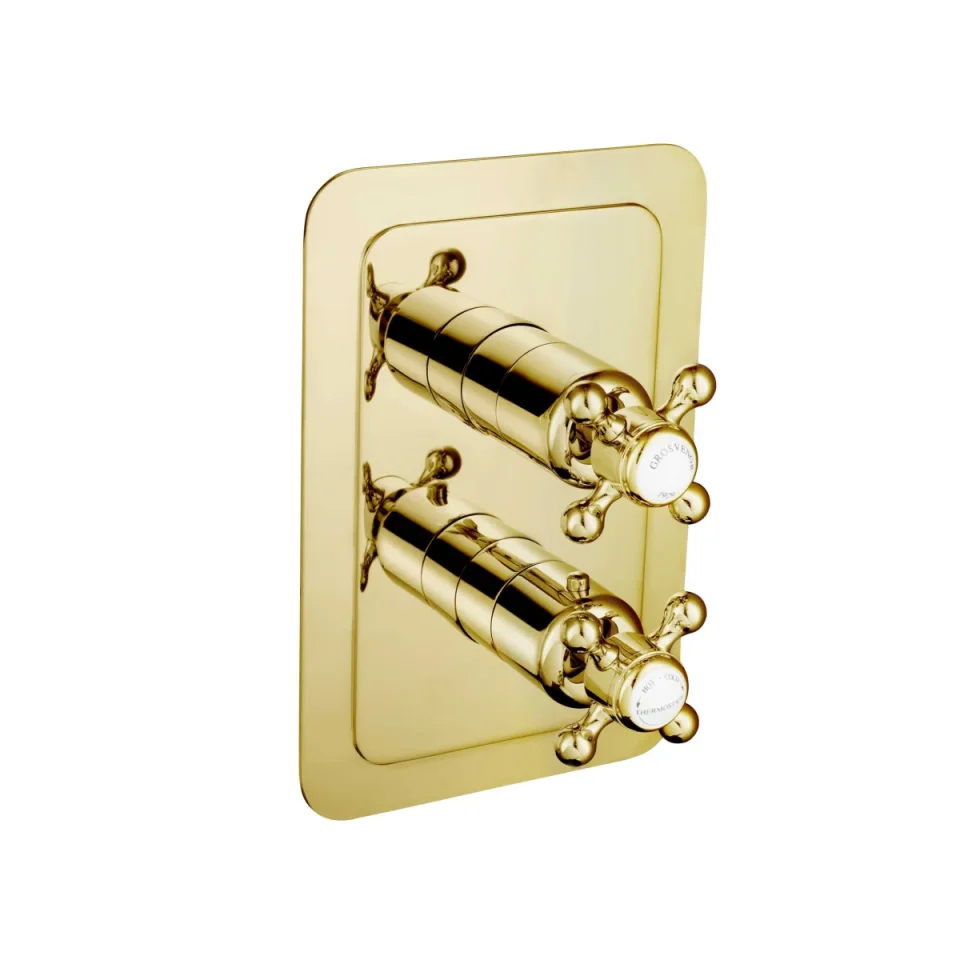 Just Taps Grosvenor Cross Thermo Concealed 2 Outlet Shower Valve Vertical  Light Gold detail view - Image 6