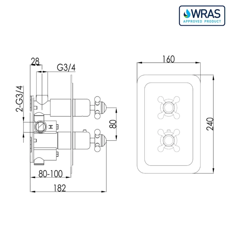 Just Taps Grosvenor Cross Thermo Concealed 2 Outlet Shower Valve Vertical  Light Gold detail view - Image 7