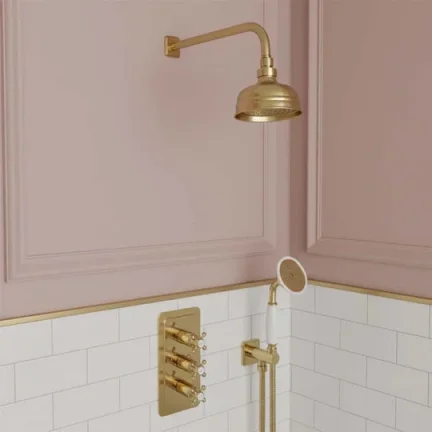 Just Taps Grosvenor Cross Thermo Concealed 2 Outlet Shower Valve Vertical  Light Gold detail view - Image 8