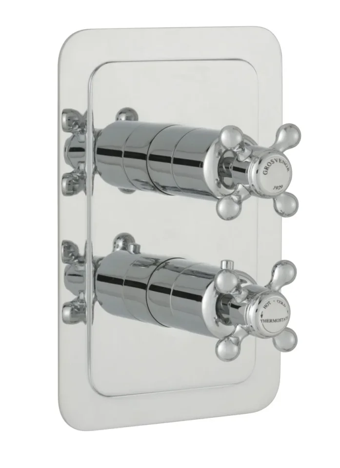 Just Taps Grosvenor Cross Thermo Concealed 2 Outlet Shower Valve Vertical  Nickel detail view - Image 1