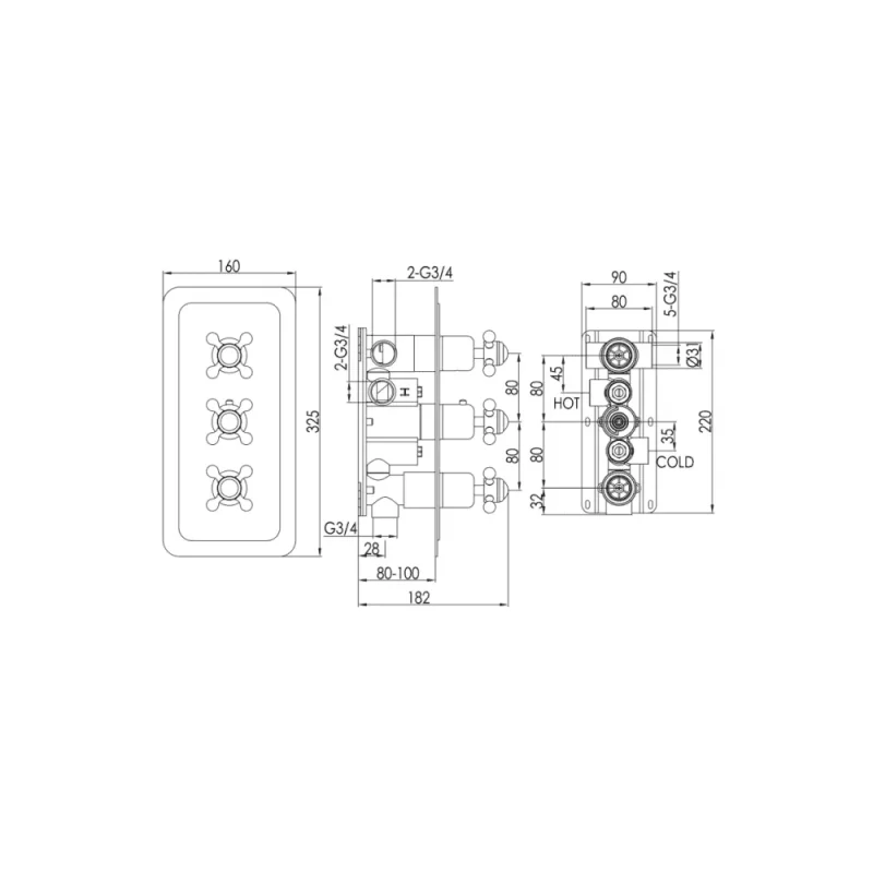 Just Taps Grosvenor Cross Thermo Concealed 3 Outlet Shower Valve Vertical  Nickel detail view - Image 4