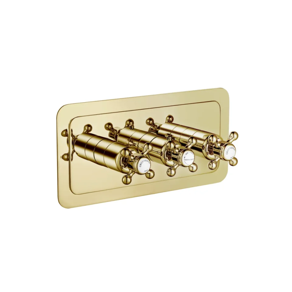 Just Taps Grosvenor Cross Thermostatic 2 Outlet Valve Horizontal Light Gold detail view - Image 1