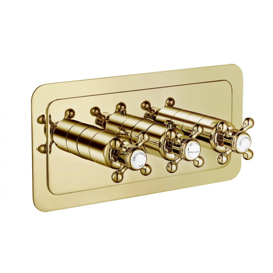 Just Taps Grosvenor Cross Thermostatic 3 Outlet Valve Horizontal Light Gold detail view - Image 5