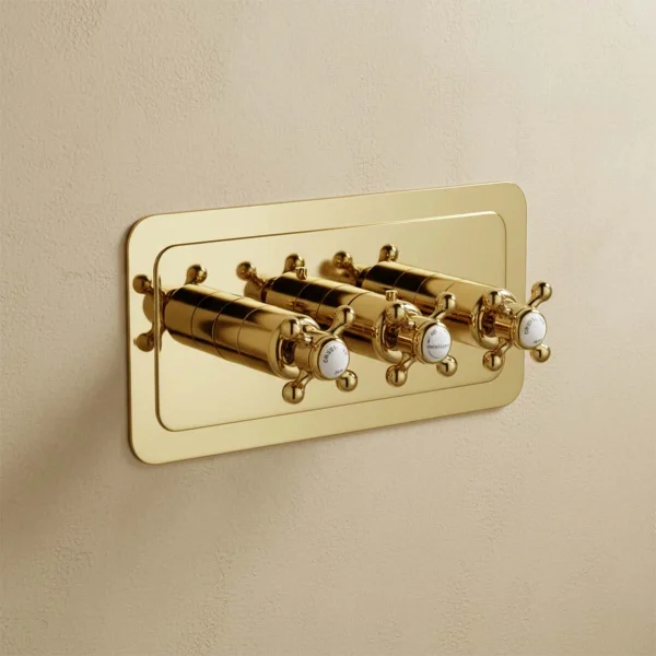Just Taps Grosvenor Cross Thermostatic 3 Outlet Valve Horizontal Light Gold