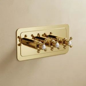 Just Taps Grosvenor Cross Thermostatic 3 Outlet Valve Horizontal Light Gold