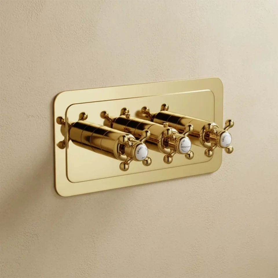 Just Taps Grosvenor Cross Thermostatic 3 Outlet Valve Horizontal Light Gold detail view - Image 1