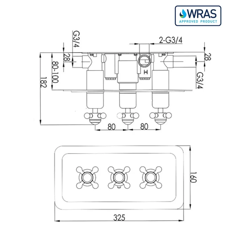 Just Taps Grosvenor Cross Thermostatic 3 Outlet Valve Horizontal Light Gold detail view - Image 6