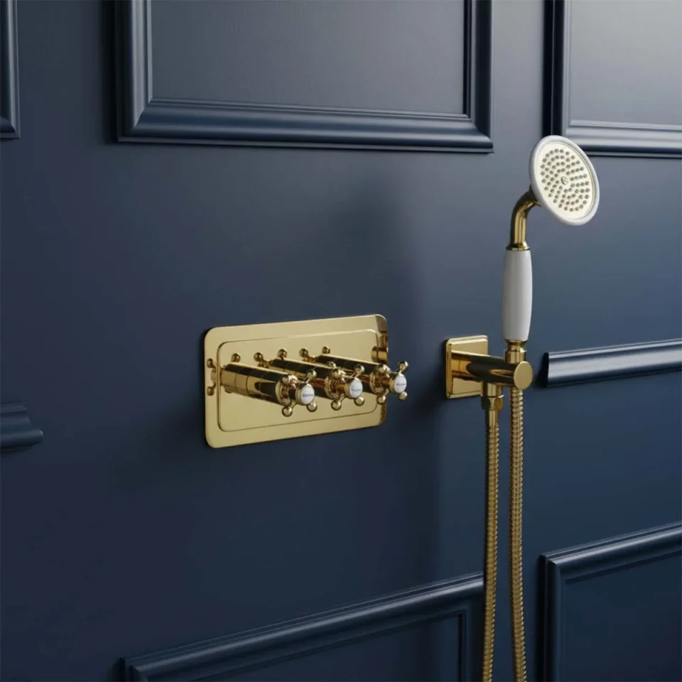 Just Taps Grosvenor Cross Thermostatic 3 Outlet Valve Horizontal Light Gold detail view - Image 7