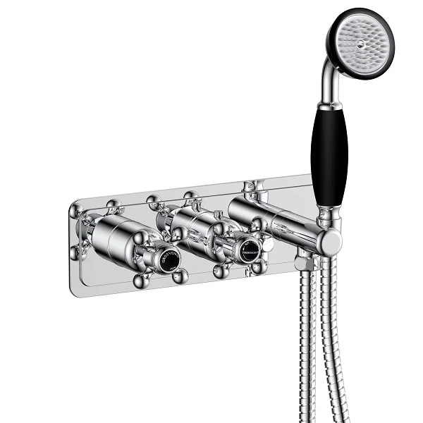 Just Taps Grosvenor Cross Thermo Conc 2 Outlet Val & Handset Matt Blac