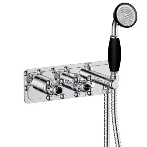 Just Taps Grosvenor Cross Thermo Conc 2 Outlet Val & Handset Matt Blac detail view - Image 1