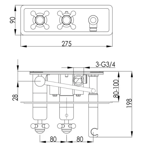 Just Taps Grosvenor Cross Thermo Conc 2 Outlet Val & Handset Matt Blac detail view - Image 4